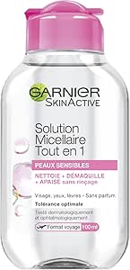 GARNIER Skin Active - Solution Micellaire Tout En 1 - Nettoie, Démaquille, Apaise - Micelles Et Glycérine Végétale - Sans Parfum - Vegan & Cruelty Free - Visage, Yeux, Lèvres - Peau Sensible - 100 ml